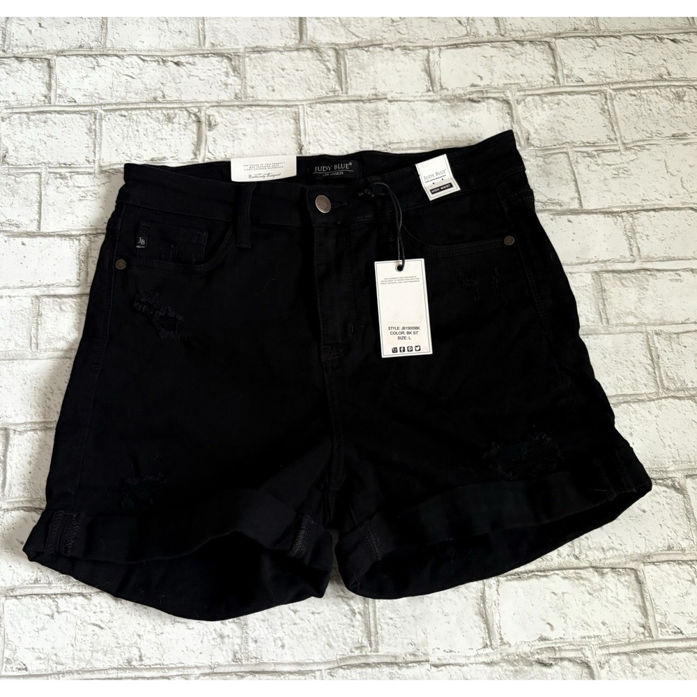 Judy Blue Black Hi-Rise Distressed Cuffed Denim Jean Shorts Size L Style #15005